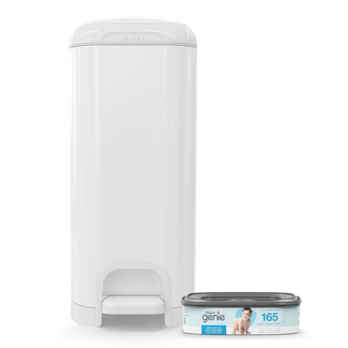 Diaper Genie Select Pail is Made of Durable Stainless Steel and Includes 1 Starter Square Refill That can Hold up to 165 Newborn-Sized Diapers.