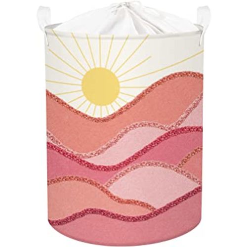 Clastyle Boho Girl Laundry Basket with Drawstring Holiday Waves Sun Dirty Clothes Pink Hamper Collapsible Toys Basket for Kid Room Nursery