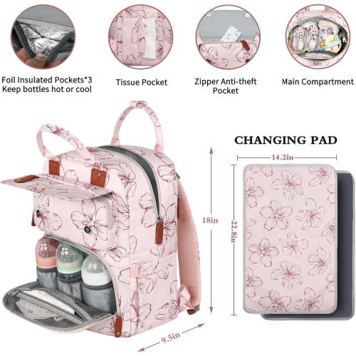 Large Diaper Bag Backpack with Changing Pad, Floral Design for Baby Girls, Insulated Pockets & Stroller Straps
