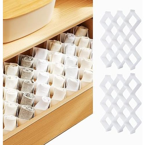 ROUFA Sock Drawer Organizer for Dresser, Honeycomb Underwear Dividers for Women, Panty Separator for Bras, Socks, Belt and Leggings (2 Sets of White)