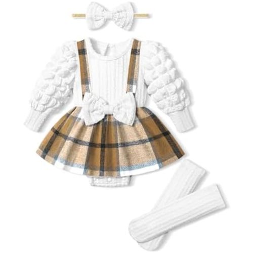 Queenstyle Baby Girl Clothes Dress Fall Winter Outfits Set Puff Sleeve Plaid Romper with Headband Stockings