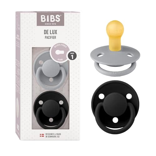 BIBS Pacifiers - De Lux Collection | BPA-Free Baby Pacifier | Made in Denmark | Set of 2 Cloud/Black Color Premium Soothers | Size 0-6 Months