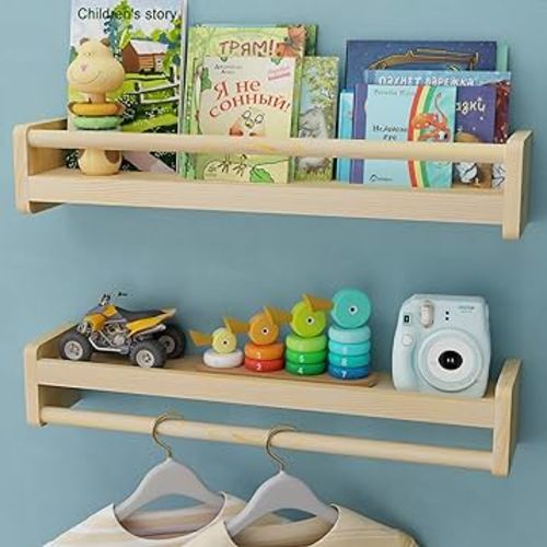 Nursery Floating Shelves with Hanging Rod, 24 Inch Kid's Bookshelves Set of 2, Wall Mounted Baby Clothes Organizer, Kitchen Spice Rack, Picture Ledge Shelf, Unfinished