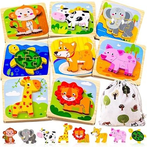 Wooden Puzzle for Toddler 1-3, 8 Pcs Toddler Puzzle Ages 2-4, Baby Animal Puzzle, Montessori Puzzles Toys for 1 2 3 Year Old Boy Girl, Learning Preschool Educational Puzzle Toy(8 Pcs)