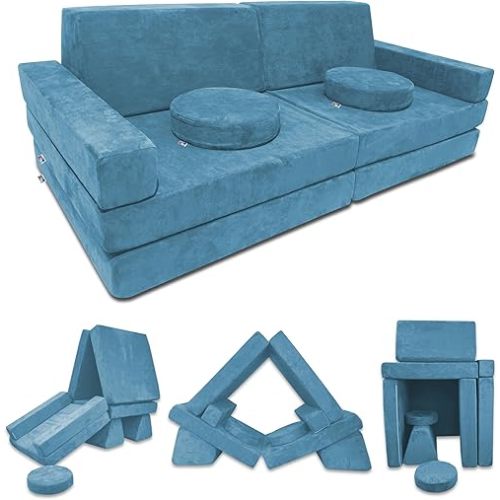 Mod Blox 10 Piece Soft Modular Kids Play Couch for Boys and Girls | Child Sectional Fort Building Sofa for Toddlers Playroom with Microsuede Covers + High Density Convertible Foam Cushions (Turquoise)