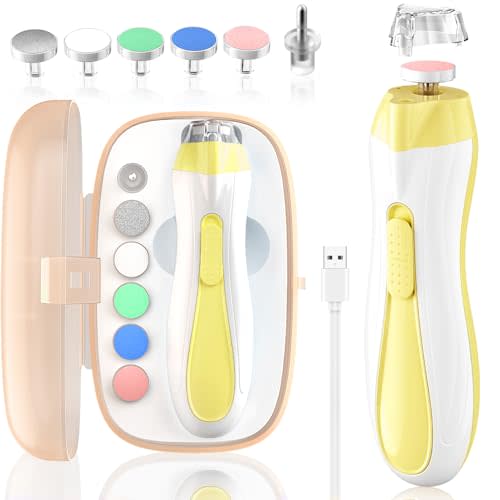 Baby Nail File Electric Baby Nail Care Set with LED Light, Baby Nail Clipper Electric for Newborn/Infants/Adults Toenails and Fingernails, 7 Grinding Head Replacement Pads, Beige