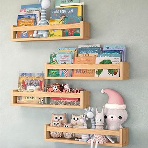 NATURE SUPPLIES Set of 4, 23.1 Inch Floating Shelves for Wall, Kids Bookshelf for Bedroom, Nursery Storage for Books, Wooden Wall Shelves for Nursery Decor, Natural Wood