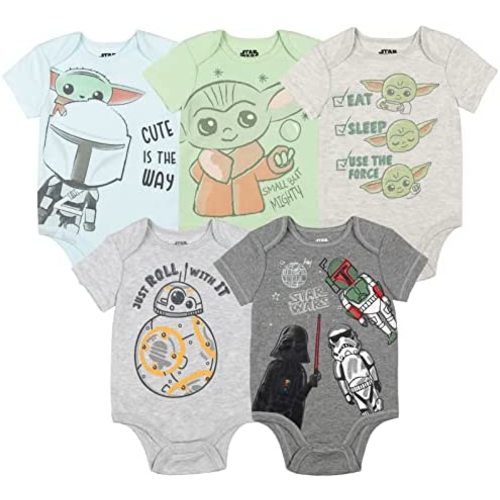 STAR WARS Chewbacca C-3PO R2-D2 Darth Vader Yoda 5 Pack Short Sleeve Bodysuits Newborn to Infant