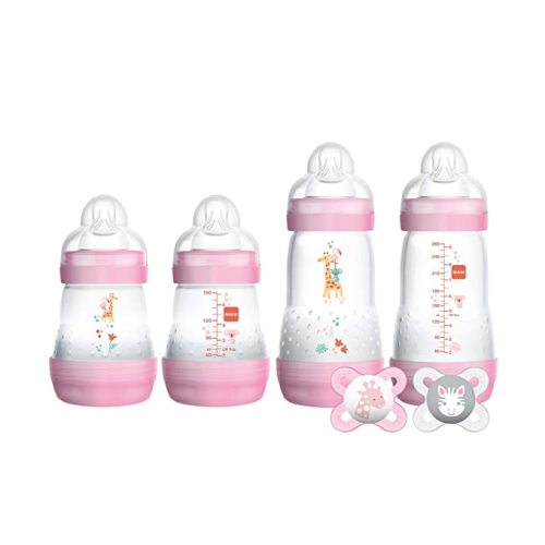 MAM Newborn Essentials "Feed & Soothe" Set (6-Piece), Easy Start Anti-Colic Baby Bottles, 0-2 Month Pacifier, Baby Shower Gifts for Baby Girl, Colors May Vary