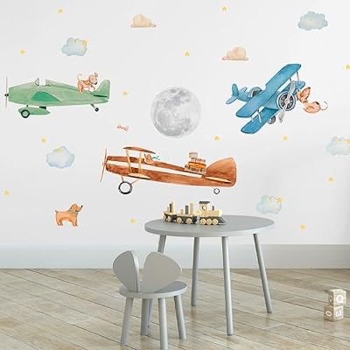Airplane Wall Decals by Lipastick - 47-Piece Watercolor Vintage Plane Stickers for Kids, Boys Room, Baby Nursery, Toddler Bedroom Decor - Premium Vinyl Aircraft Art - S Size