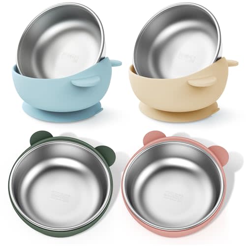 Bakpoco Stainless Steel Baby Bowls with Suction, 2-in-1 SUS304 Toddlers Bowl & Removable Silicone Suction Kids Bowl, Anti Scald Non Toxic Snack Container for Baby Food Feeding, Morandi Set of 4