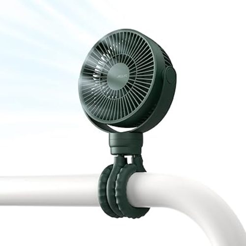 JISULIFE Battery Operated Portable Stroller Fan,4 Wind Speeds and 720° Adjustable Angle,USB Rechargeable Handheld Mini Fan,Octopus Clip Design for Crib, Golf Cart, Treadmill - Green