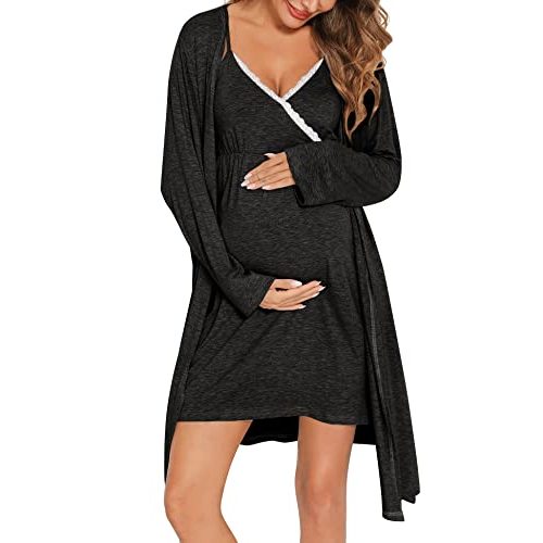 SWOMOG Womens Maternity Robe 2 Piece Nursing Nightgown for Breastfeeding 3 in 1 Labor Delivery Nursing Dress Lace Bathrobe