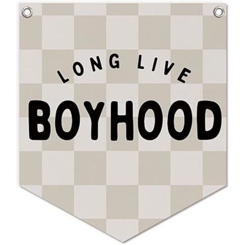 Lacama Long Live Boyhood Banner Boys Room Decor, Boy Nursery Decor, Brown Checkered Linen Banner Wall Hanging Banner Flag for Boys Bedroom Decor Toddler Boy Room Nursery 12x14 lnch