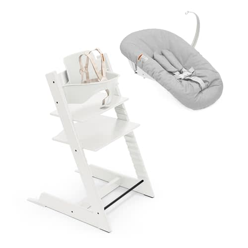 Stokke Tripp Trapp High Chair 2 with Newborn Set and Tray, White/Grey | Includes Chair, Newborn Set, Removable Harness, Tray, Ages 0-36 Months, Solid Wood, Adjustable 5-Point Harness