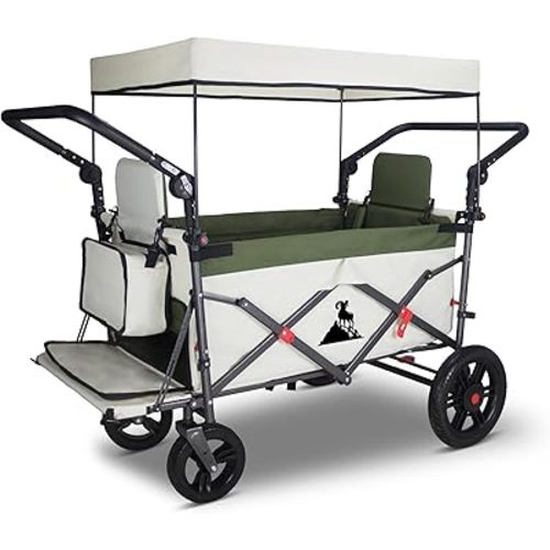 Foldable Wagon with Canopy - Collapsible Utility Cart with 2 Seats & Belts, Adjustable Handle, Expandable Front for Camping, Picnic, Shopping (Beige/Green)