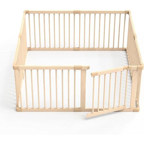 Wooden Baby Playpen, Large Size Adjustable Baby Playard for Babies and Toddlers with Safety Gate, CPC Certified Play Fence（57x57x24 Inches