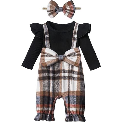 Queenstyle Newborn Baby Girl Clothes Romper Long Sleeve Ruffle Jumpsuit Cute Infant Girl Fall Winter Outfits with Headband