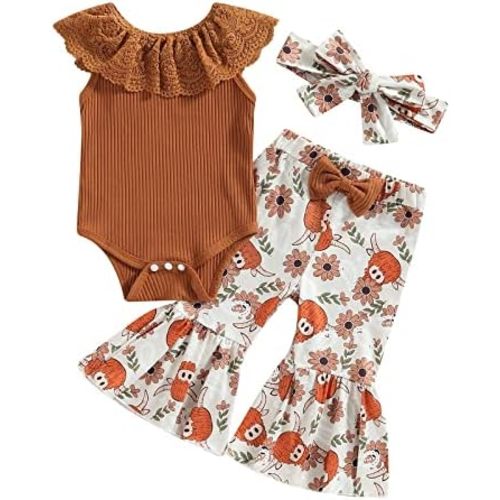 Lefyira Cow Print Bell Bottoms Outfits Toddler Girl Short Sleeve Romper Rib Knit Button Bodysuit Flare Pants Clothes Summer