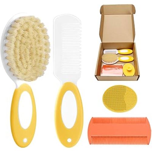 Baby Hair Brush and Comb Set, 4Pcs Baby Soft Bristles hairbrush Cradle Cap Brush Hair Comb for Newborns Toddlers Boys Girls (Yellow)