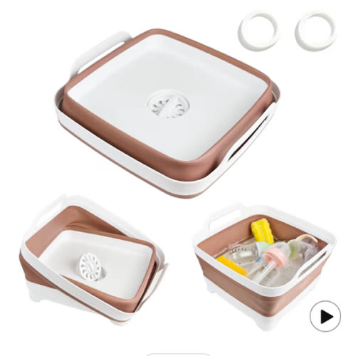 Collapsible Wash Basin for Baby Bottles - 2.4 Gallons Portable Wash Bin for RV Camping Sink, Space-Saving Dish Tub (Mocha)