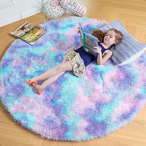 Amdrebio Blue Purple Rainbow Rugs for Girls Bedroom 5x5, Fluffy Round Circle Rug for Kids Room Decor, Cute Kawaii Shaggy Carpet for Nursery, Classroom, Fuzzy Area Rug for Baby, Toddler, Princess