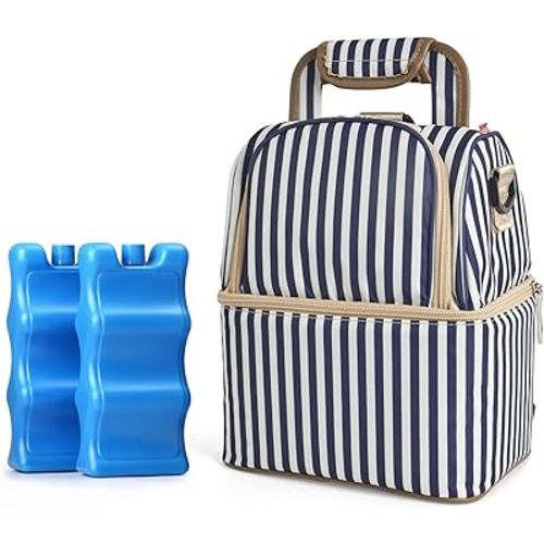 NCVI Breastmilk Cooler Bag with 2 Ice Pack, Breast Pump Bag with Cooler Fits 6 Bottles, Double Layer Breast Milk Baby Bottle Cooler Bag, for Travel, Nursing Mom Daycare, Work, Picnic (Stripe)