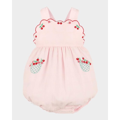 Girl's Cherry Embroidered Bubble Romper, Size 6M-18M