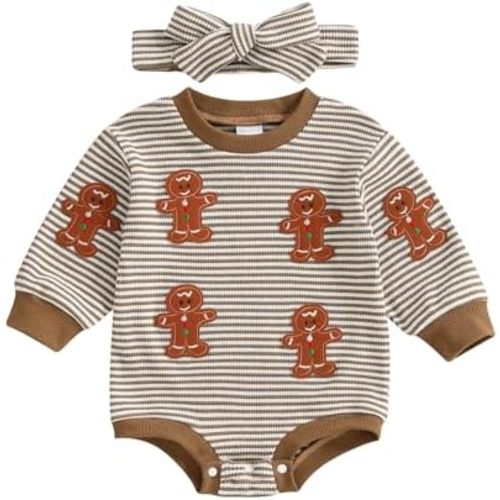 Christmas Newborn Baby Girl Outfit Tree Embroidery Long Sleeve Striped Waffle Bubble Romper Matching Headband