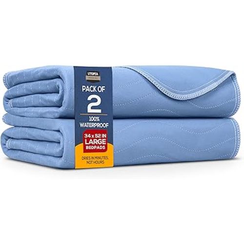 Utopia Bedding Washable Underpads 34" x 52" (Pack of 2), Waterproof Reusable Heavy Absorbency Incontinence Bed Pads for Adults, Kids, Elderly and Pets, Bedwetting Pads for Sofa and Couch (Blue)