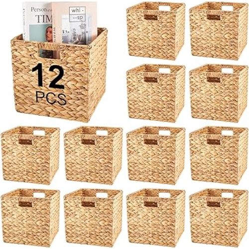 Jinei 12 Pcs Wicker Storage Basket Bulk Handwoven Water Hyacinth Cube Bin with Handles Woven Laundry for Organizer Shelves(12 x 12 x 12 Inch,Wood Color)