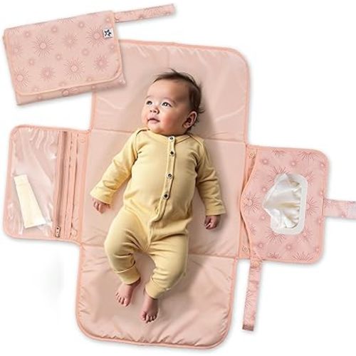 Tiny Twinkle Portable Diaper Changing Pad | Foldable Waterproof Changing Mat | Portable Changing Pad for Travel, Baby Changing Station with Smart Wipes Pocket & Storage (Shine)