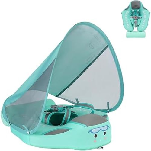 Upgread Mambobaby Float, Baby Floats with Canopy for Waist Swimming Ring Non-Inflatable Pool Floats with Adjustable Safety Strap &Upgrade Add Tail for Infant Toddler 3-24 Months (Green)