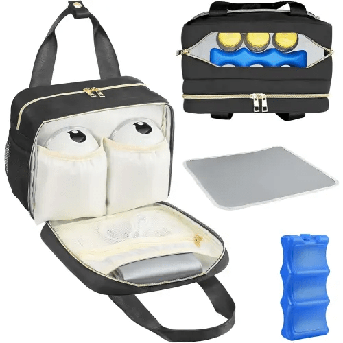 PIIOSER Breastmilk Cooler Bag with Ice Pack, Compatible with Wearable Breast Pumps & Accessories - Portable Pumps Carrying Case for Nursing & Working Moms, Black