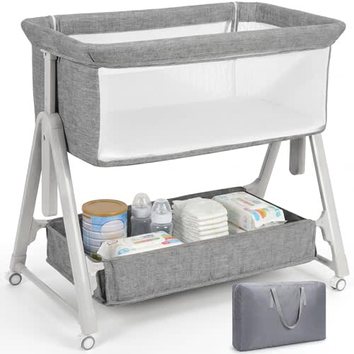 Cowiewie Baby Bassinet Bedside Crib,3-in-1 Baby Bassinet with Comfy Mattress & Wheel,Easy Folding Portable Bedside Bassinet for Baby with Storage,Travel Bag,Breathable Mesh,Stable & Secure,Light Grey