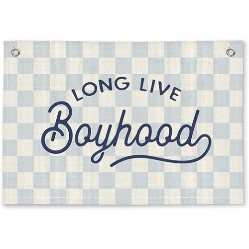 Long Live Boyhood Blue Checkered Boys Room Decor - Linen Banner Wall Hanging Canvas Banner Flag Decor for Toddler Boy Bedroom Nursery Playroom