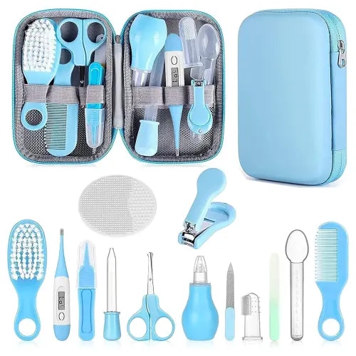 Baby Grooming Kit, Infant Safety Care Set with Hair Brush Comb Nail Clipper Nasal Aspirator,Baby Essentials Kit for Newborn Girls Boys (Blue)