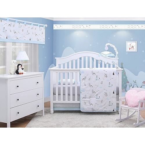 5-Piece Baby Crib Bedding Set - Crib Quilt, Skirt, Fitted Sheet, Window Valance, Accent Pillow - Baby Boy, Girl Room Nursery Decor and Bedding Ensemble - Cute Penguin