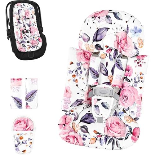 Pea Pod Infant Car Seat Insert with 3 Strap Covers, 3 in 1 Reversible Floral Baby Car Seat Head Support for Newborn, 3D Soft Minky Carseat Cushion for Preemie to Infant, Stroller, Swing, Bouncer