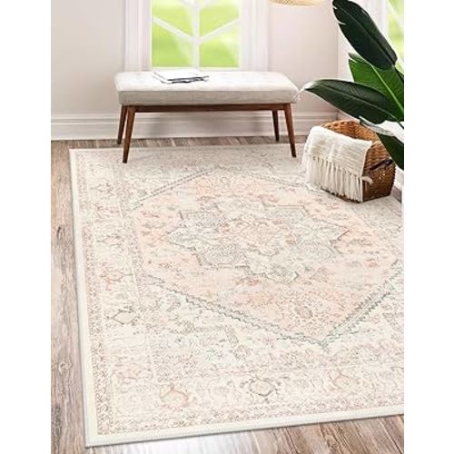 LIVEBOX Pink Area Rug 5x7 - Large Oriental Floral Living Room Rug Vintage Non-Slip Indoor Rug Aesthetic for Bedroom, Soft Retro Carpet Print Distressed Accent Rug for Apartment, Pink
