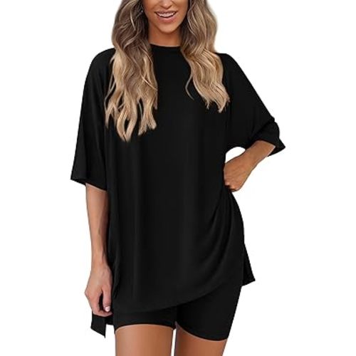 PRETTYGARDEN Women's Two Piece Lounge Set 2025 Summer Casual Oversized Shirts Biker Shorts Matching Airport Travel Outfit