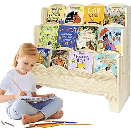 Royxen Montessori Bookshelf Scalloped Edges, Bookshelf for Kids 3-Tier, Kids Book Shelf for Kids Room, 29" W x 28" H (Burlywood, 29" W x 28" H)