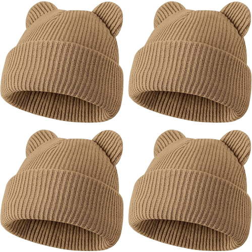 TELOLY 4 Pack Baby Toddler Beanie Hat with Bear Ears,Soft Knitted Winter Skull Cap for Kids Cute Solid Color Newborn Hats Set24