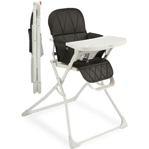 Primo PopUp Folding High Chair for Baby Age 6 to 36 Months - Black Folding Beach Style High Chair with Removable Dishwasher Safe Tray, 3pt Safety Harness, Leatherette Seat - Space Saving Design