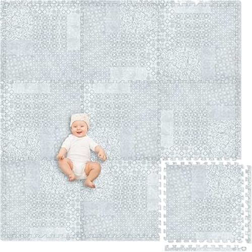Play Platoon Non-Toxic Extra-Thick Children's Play Mat, 9 Tiles - 72 x 72 inch Comfortable Cushiony Foam Floor Puzzle Mat for Kids & Toddlers with 24 x 24 inch Tiles - Grey, Boho Modern