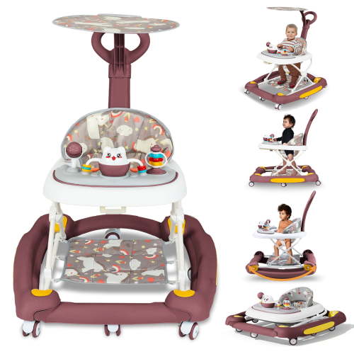 4-in-1 Baby Walker with Music and Toys, Folding Infant Baby Walker with Wheels for Boys and Girls, Red