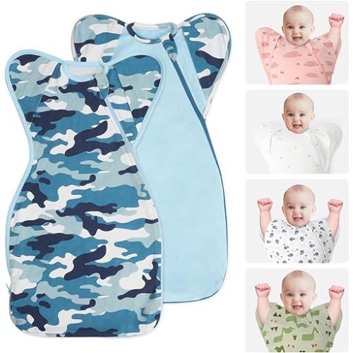 Swaddle Blanket Sleep Sack with Arms Up Design 2 Packs, Hands Up Sleeping Sack 3-Way Transitions to Arms-Free Wearable Sleeping Bag for Newborn Baby Boys Girls Snug Fit Calms Startle Reflex