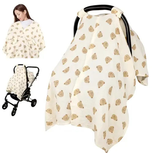 Car Seat Cover Baby Girls Boys, Summer Cotton Baby Car Seat Cover for Carseat, Comfortable Muslin Nursing Cover, Soft Baby Blanket, Breathable Lightweight Infant Stroller Canopy, Cute Bear