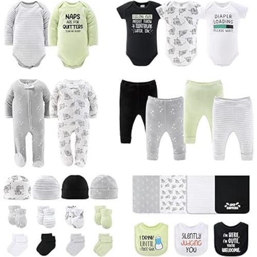 The Peanutshell Newborn Clothes & Accessories Set | 30 Piece Layette Gift Set | Fits Newborn to 3 Months | Elephant & Funny Sayings