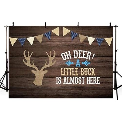 MEHOFOND 8x6ft Oh Deer Boy Baby Shower Gray Rustic Wood Backdrops Birthday Party Decoration A Little Buck is Almost Here Photography Background Deer Baby Shower Decor Cake Table Portrait Photo Props - 8X6ft